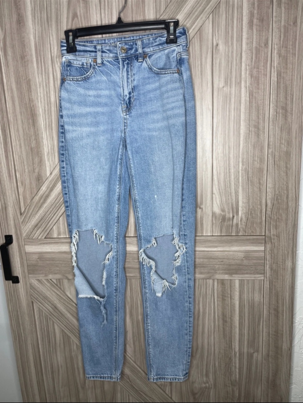 American Eagle Outfitters Light Blue Straight-Leg Distressed Jeans